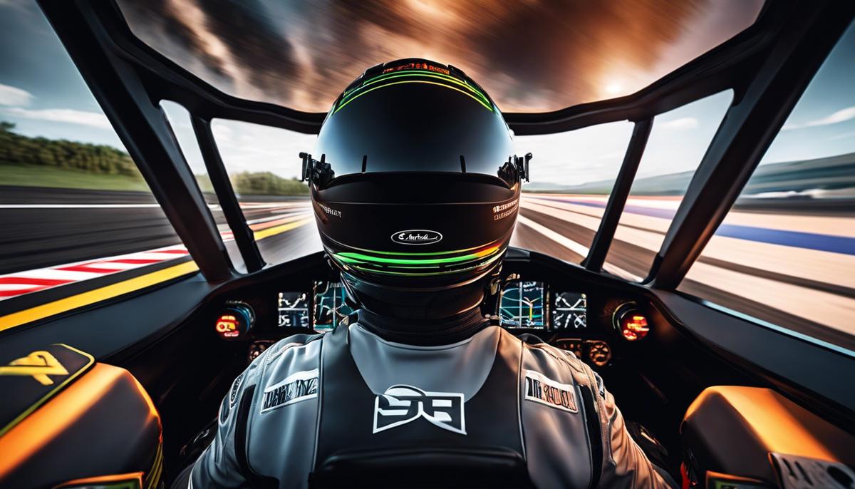 An image showing a virtual cockpit with a race car driver wearing a helmet, focusing and steering on the virtual track.