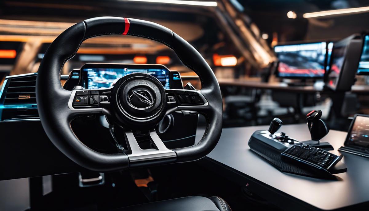 Image of a direct drive racing wheel on a desk with a computer monitor in the background
