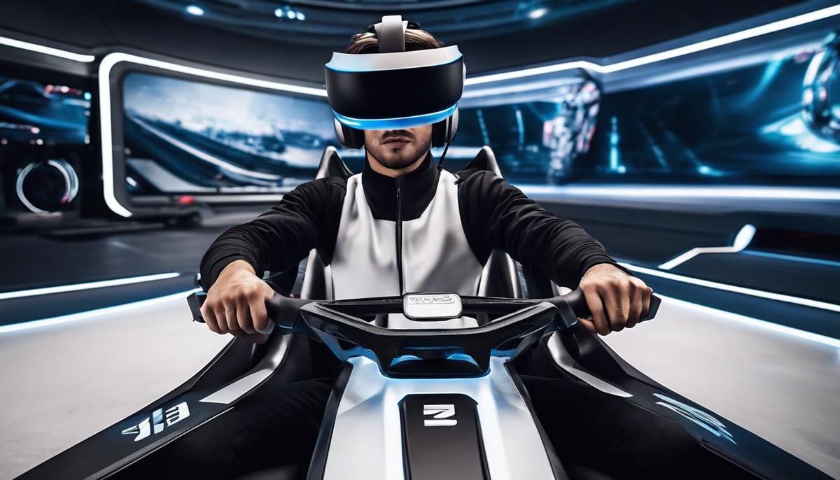 A futuristic image representing Direct Drive Wheel technology, with a person sitting in a racing seat and using a Direct Drive Wheel while wearing a virtual reality headset, creating an immersive simulation gaming experience.