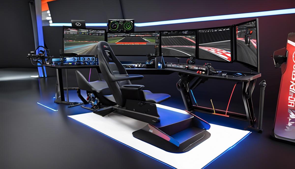 An image of a beginner-friendly sim racing setup with entry-level gear, including a steering wheel, pedals, and a monitor.
