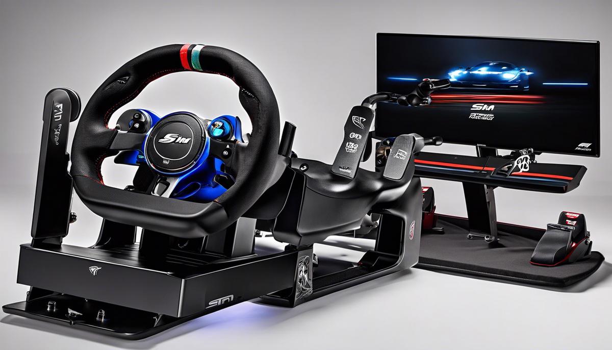 A picture of various sim racing gear including a steering wheel, pedals, and a seat.