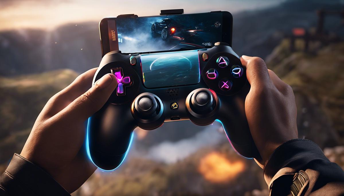 An image depicting a hand holding a gaming controller with force feedback, showcasing the immersive experience.