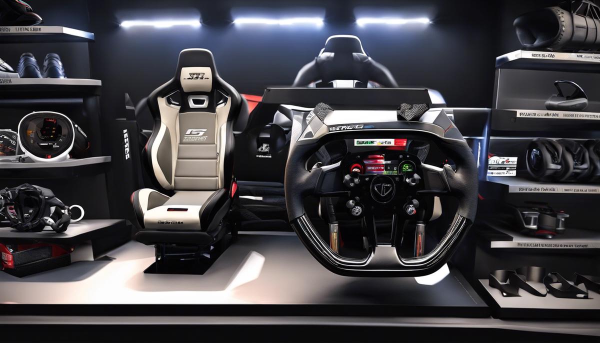 Image description: various racing gear including a racing wheel, pedals, and a haptic feedback vest