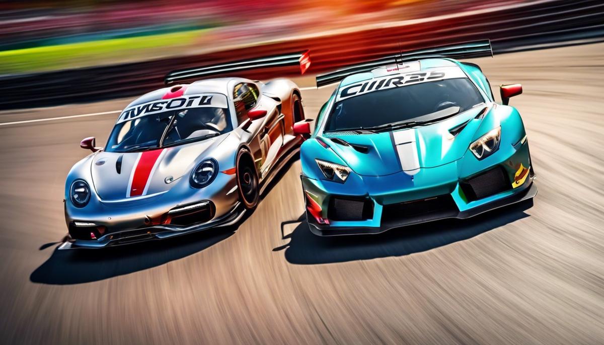 Two race cars speeding on a track with vibrant colors and motion blur effects