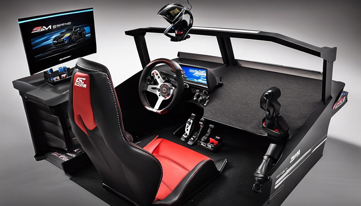 A variety of sim racing accessories placed on a desk, including a steering wheel, pedal mounts, armrest, footrest, gloves, cup holder, LED strips, and headset holder.