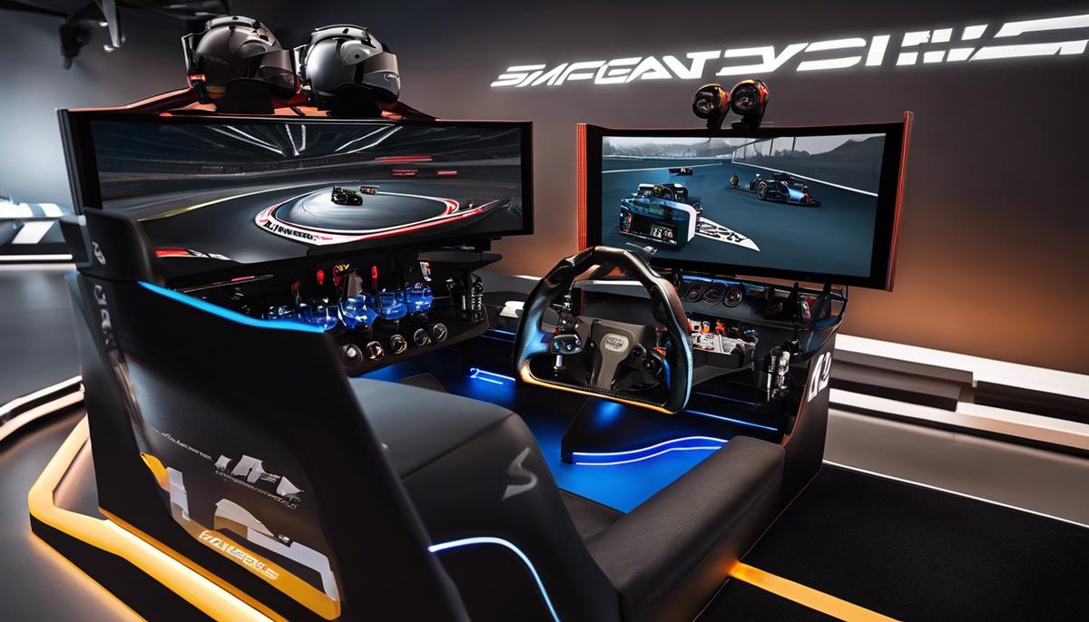 An image showing a sim racing setup with a racing wheel, pedals, and a gaming console, all connected and ready for use