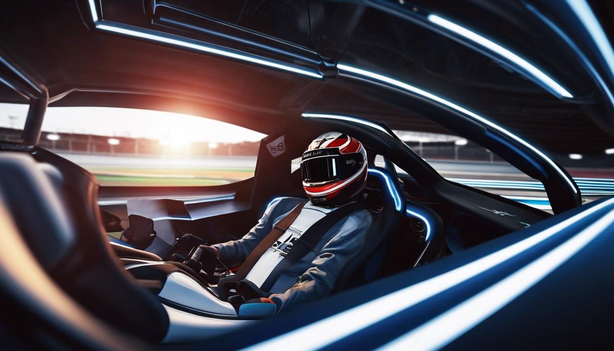 Image: Depiction of a virtual race car on a simulation track with a professional sim racer in the driving seat, showcasing the intensity and excitement of sim racing.