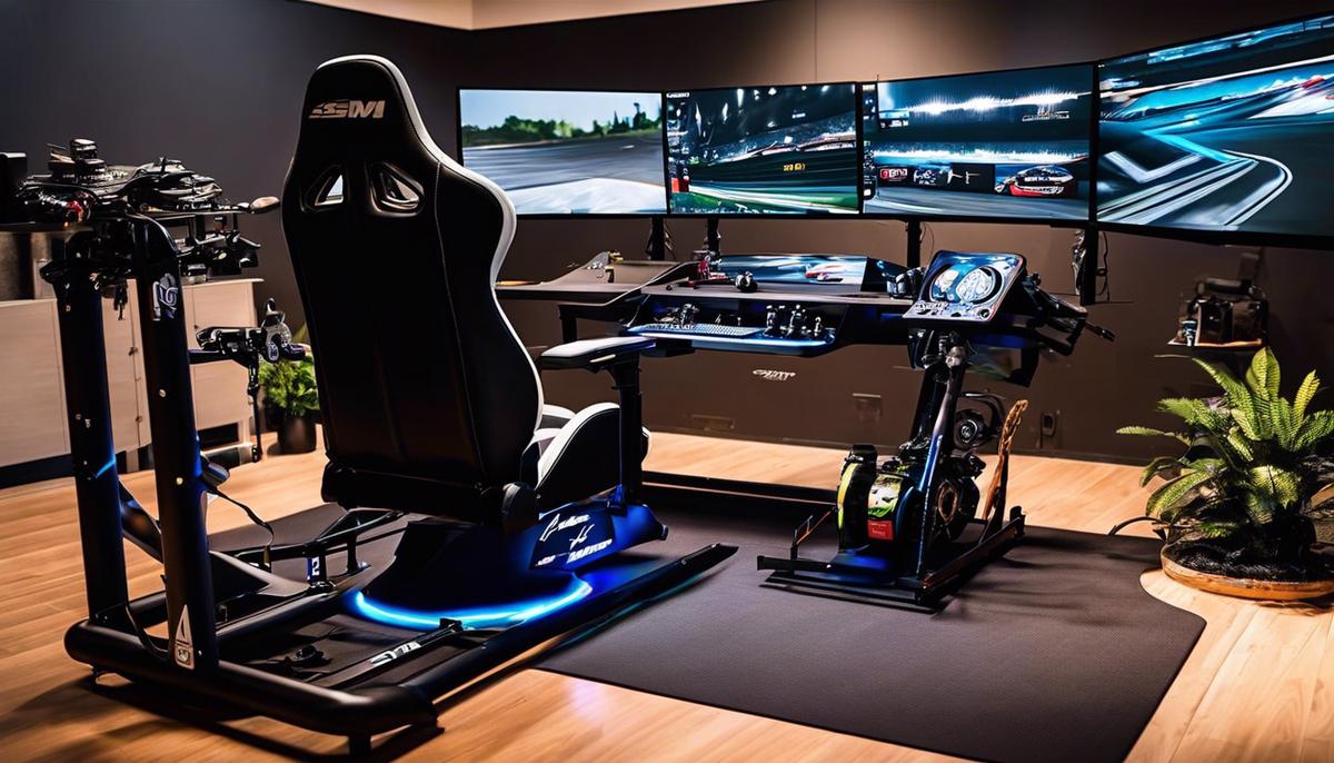 An image of a sim racing setup with a steering wheel, pedals, and a computer screen.