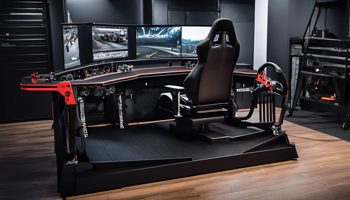 An image of a sim racing rig with various components and tools, showcasing the construction process.