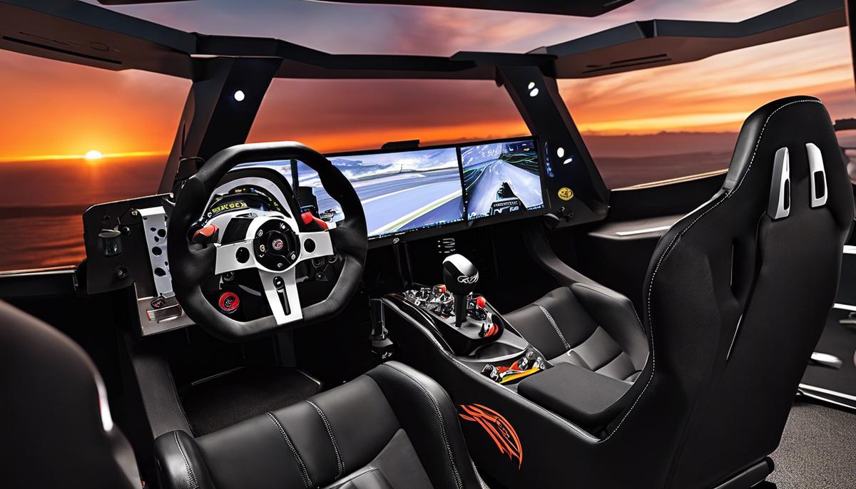 Image description: A complete sim racing setup with a racing wheel, pedals, cockpit, and a PC/console.