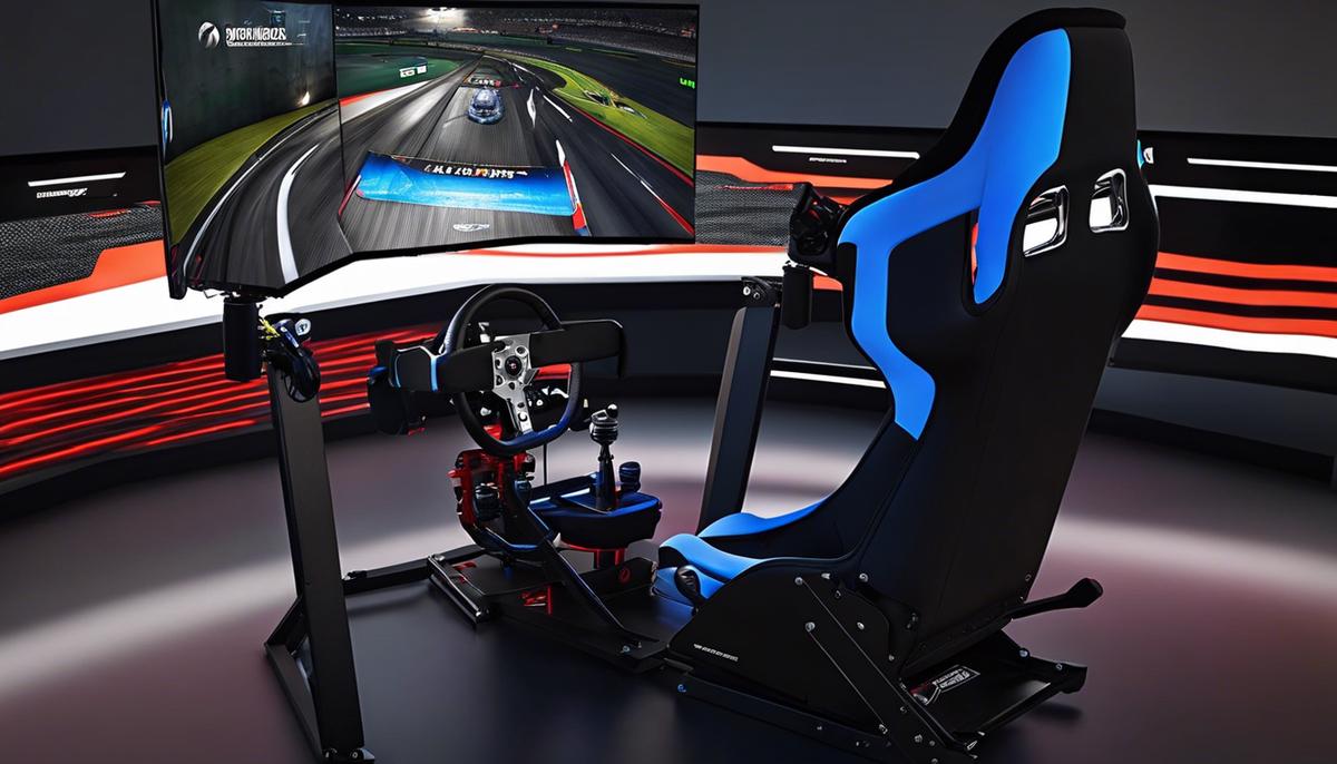 Image of a DIY sim racing setup with a comfortable seating position, properly positioned pedals, a mounted wheel, and a monitor aligned with the eyes for an immersive experience