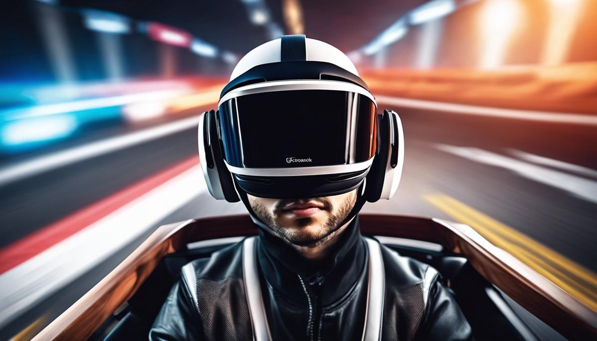 Image of a virtual reality racing game, showing a player wearing a VR headset and holding a virtual steering wheel.